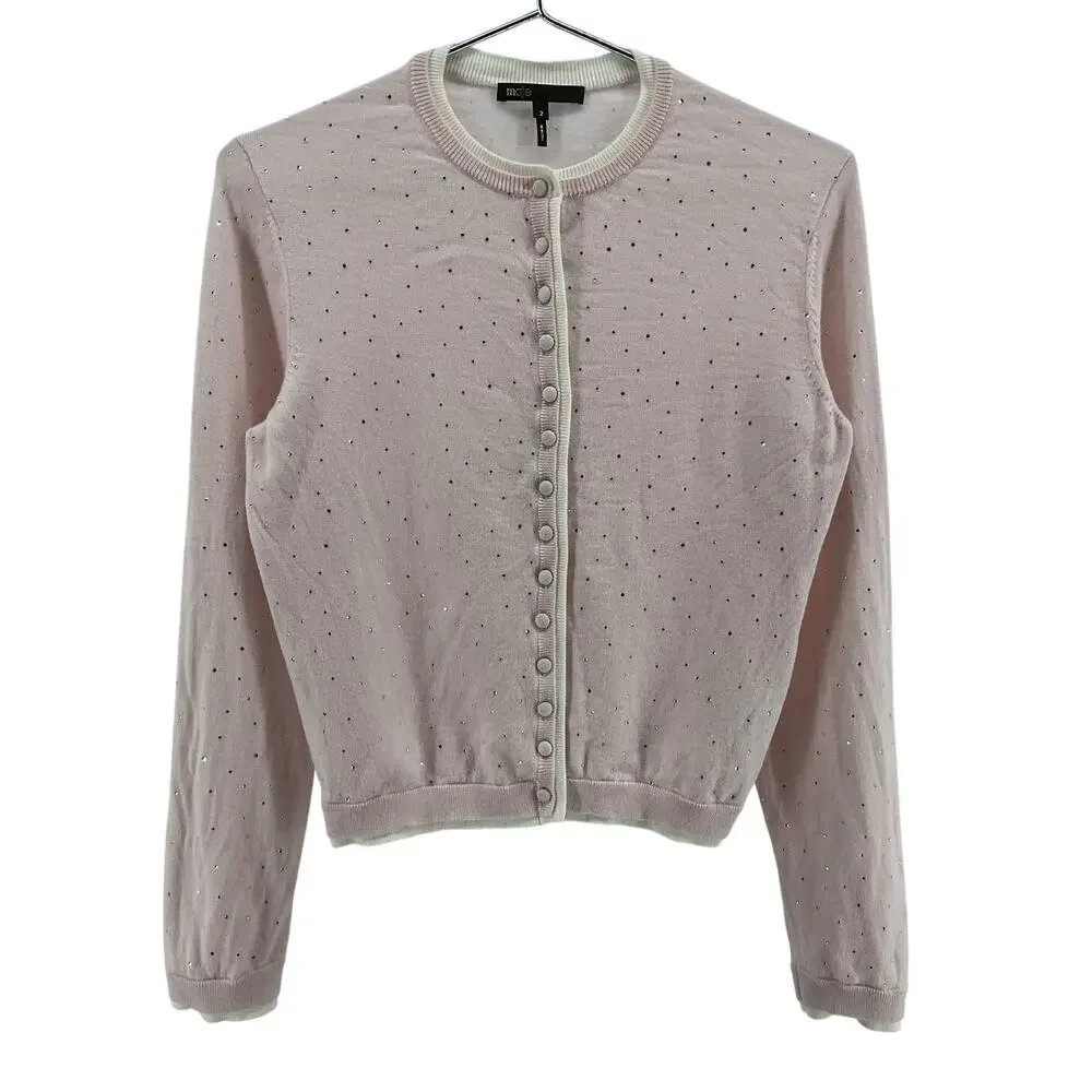 Maje Embellished Pink Rhinestone Button Front Cardigan Size M - Picture 2 of 6